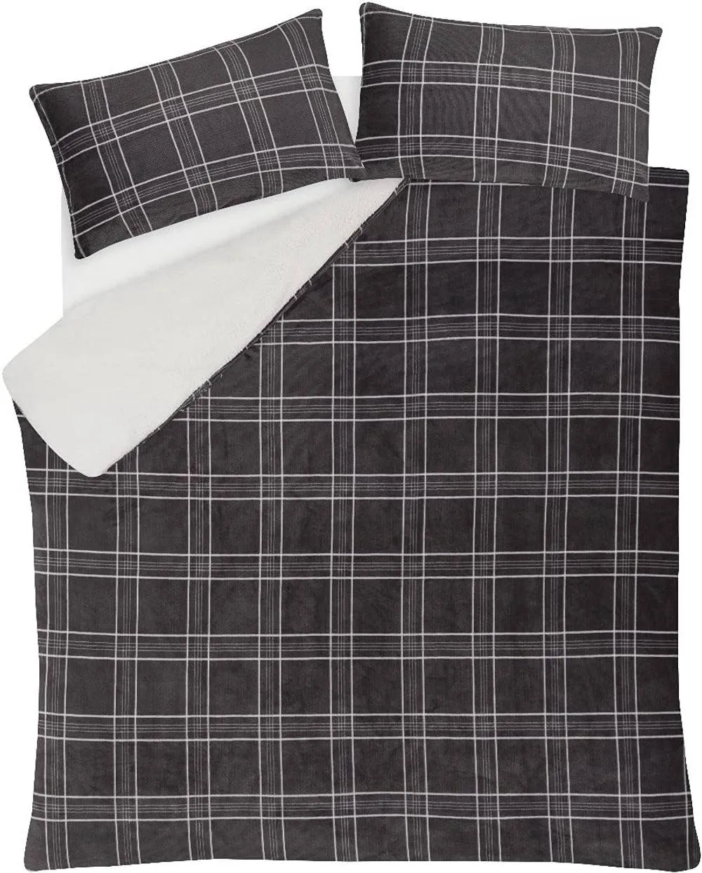 Smart Living Luxury Check Printed Flannel Fleece Duvet Cover with Pillowcases in Grey 4