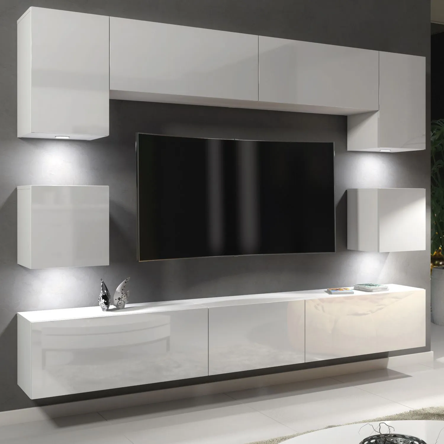Creative Furniture Panorama Wall TV Unit - A Sleek & Modern Wall Cabinet with Gloss Doors & LED Lights in White