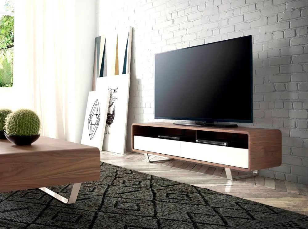 Angel Cerda Walnut TV Stand with White MDF Drawers & Chrome in Brown 3