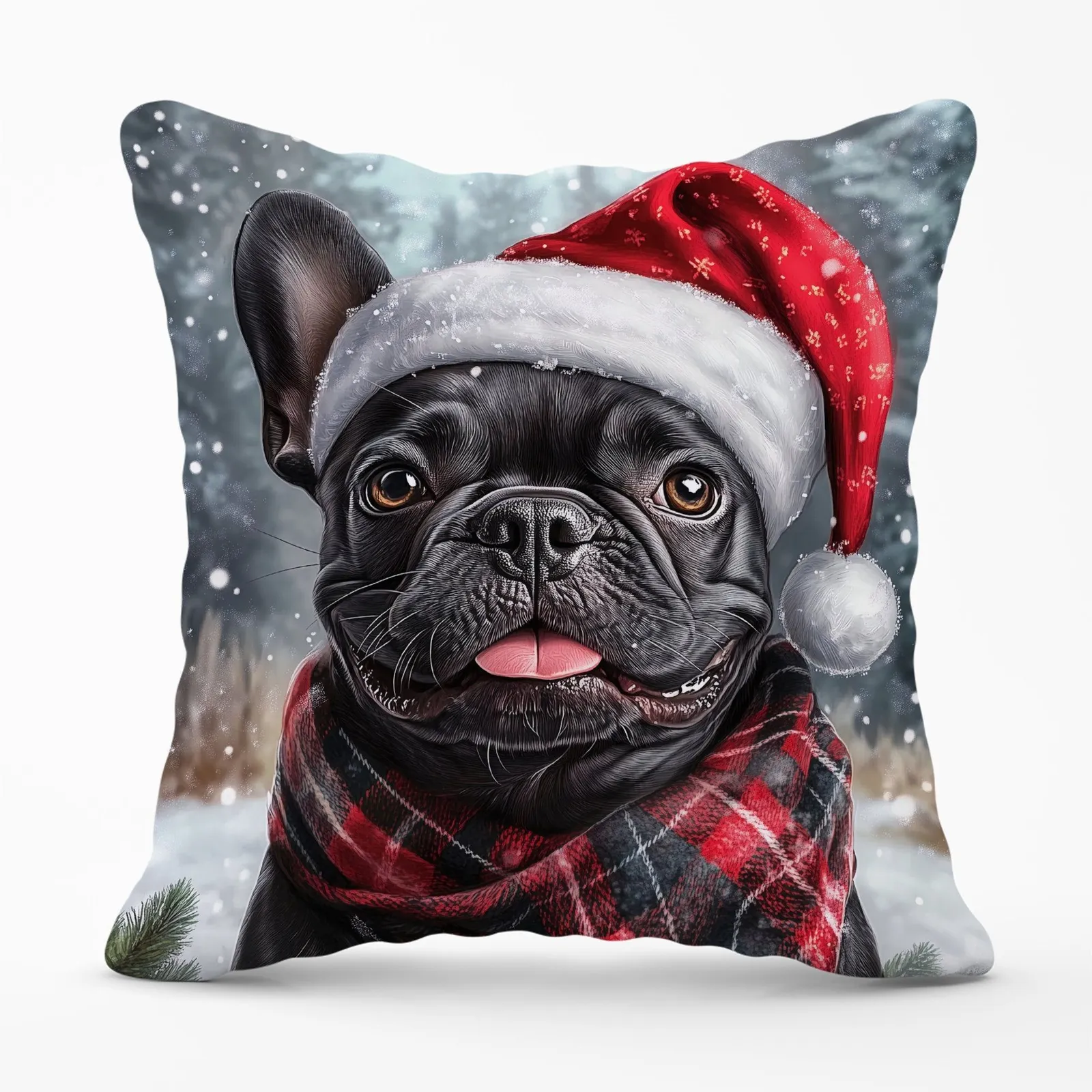 Warren Reed - Designer Snowy Christmas French Bulldog Cushion in Black