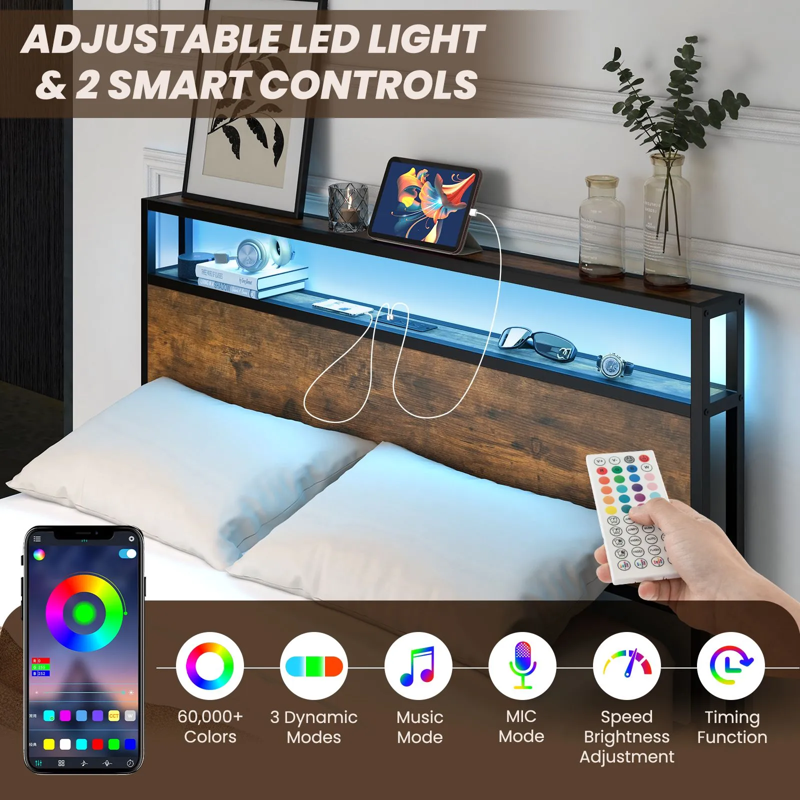 Costway Double Size Bed Frame Metal Bed Platform LED Light Headboard & 4 Storage Drawers in Brown 5