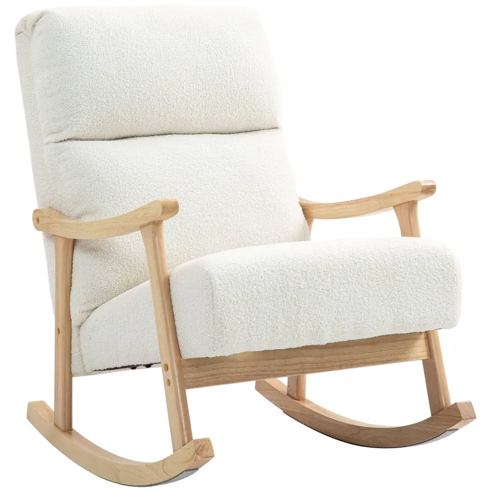 HOMCOM Rocking Chair, Teddy Fleece, High Back, Armrests, Cream White