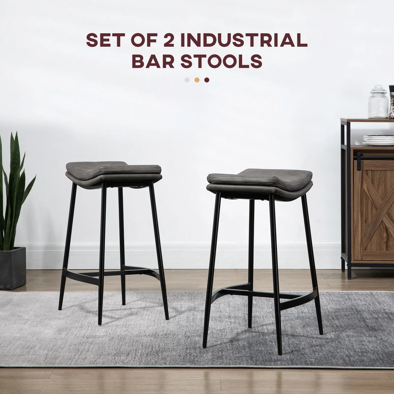 HOMCOM Breakfast Bar Stools Set of 2 Upholstered Barstools w/ Curved Seat in Grey 4