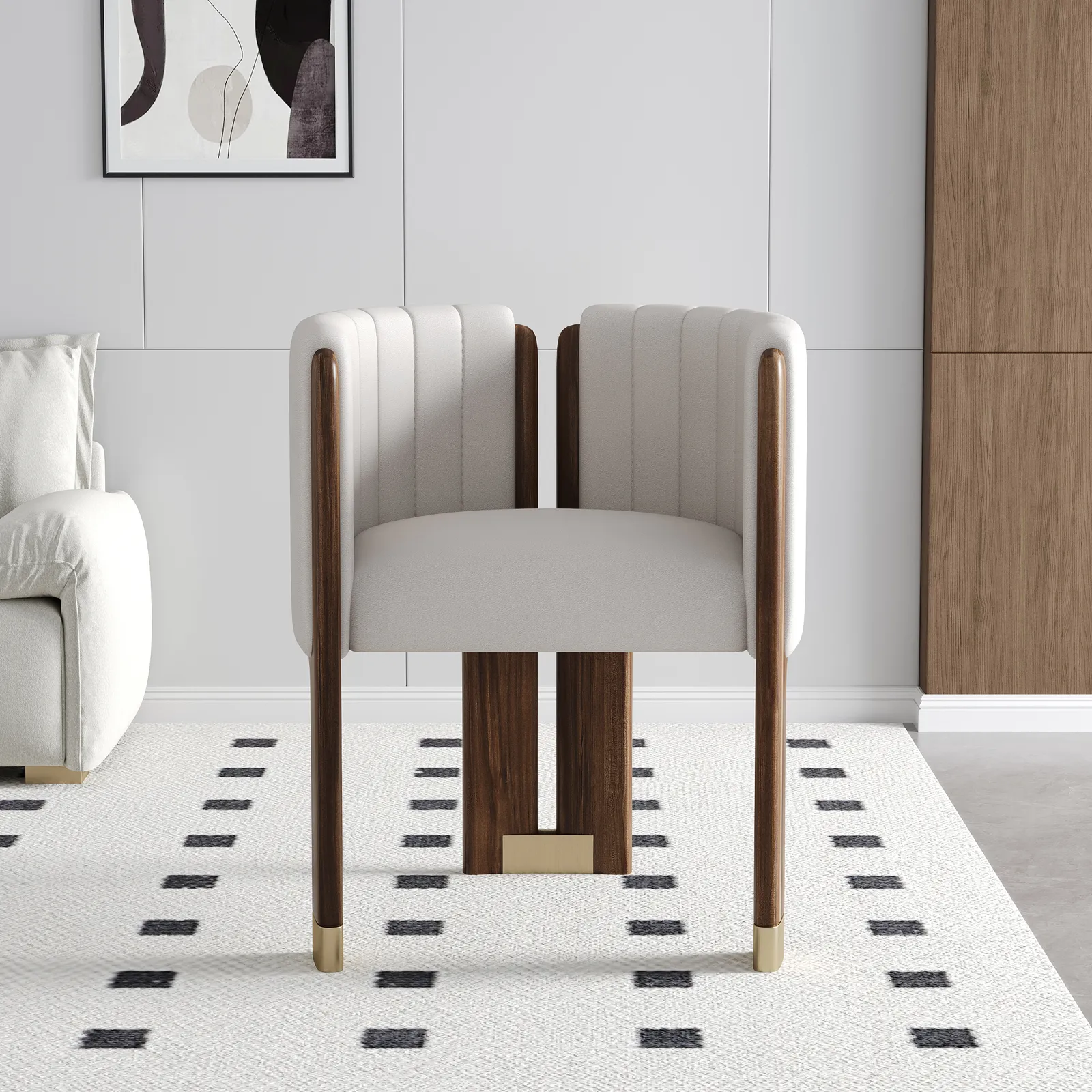 Modern Wood Accent Chair White Microfiber Leather Upholstered Arm Chair Set of 4