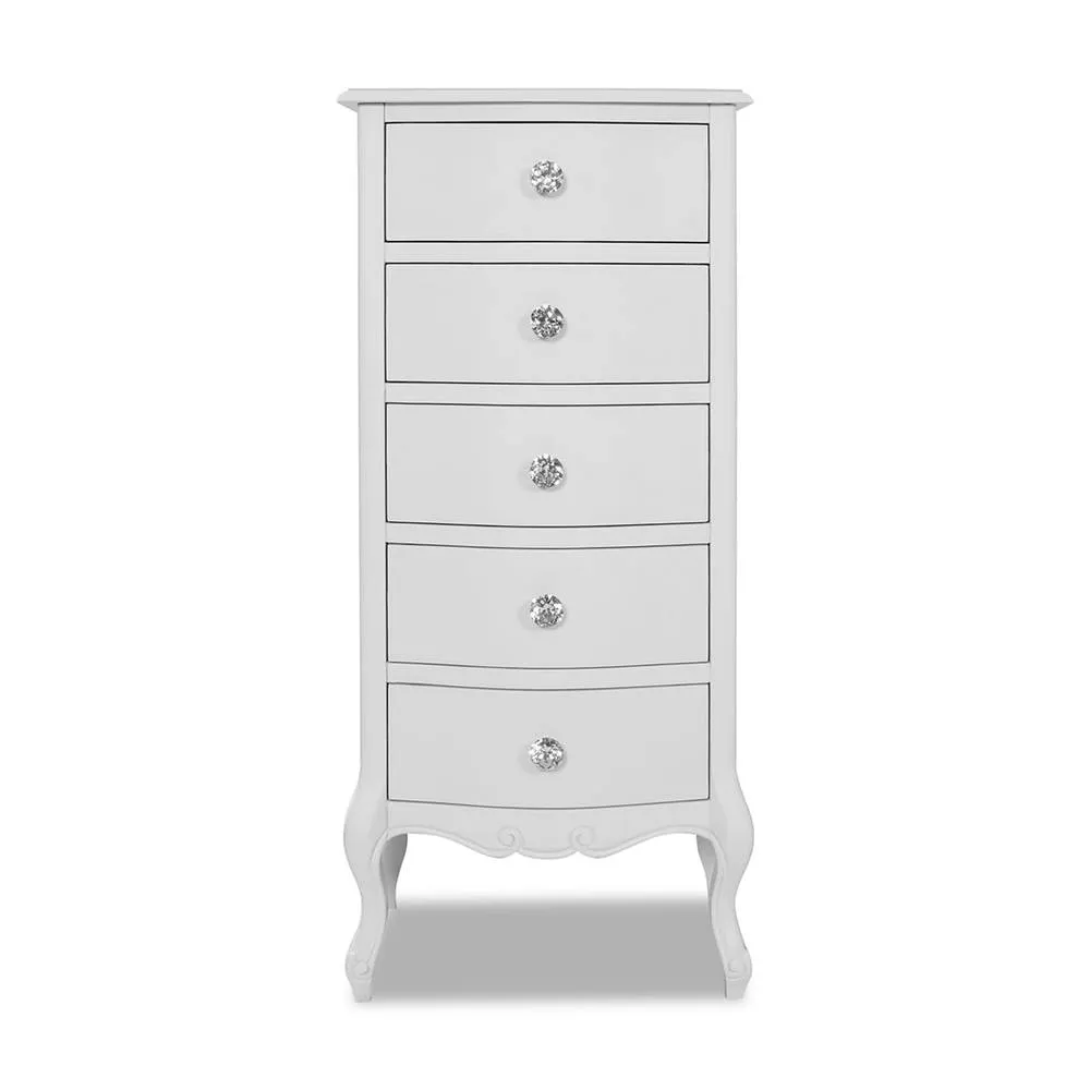 Statement Furniture Juliette Vintage Chic 5 Drawer Tallboy with Crystal Handles in White 4