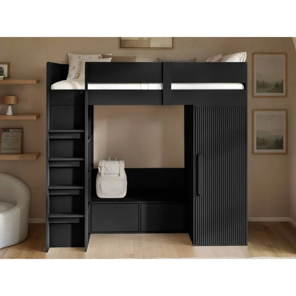 Flair Aspen Ribbed High Sleeper with Storage & Wardrobe in Black