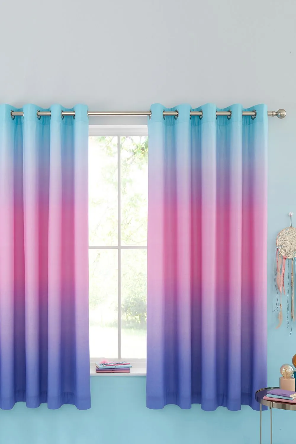 Catherine Lansfield 'Ombre Rainbow Clouds' Lined Eyelet Curtains in Blue