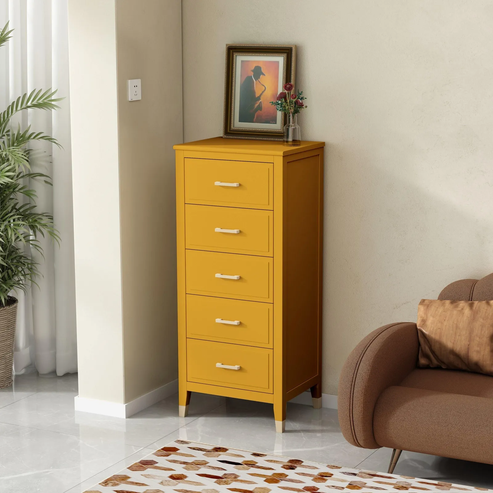 Cabinet Bits Palazzi 5 Drawer Narrow Chest of Drawers in Mustard 1