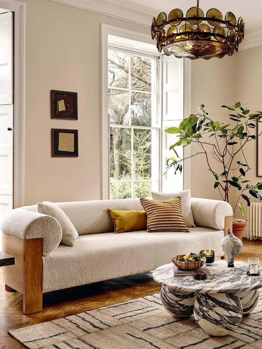 Eldon Three Seater Sofa, Oak, Boucle Natural