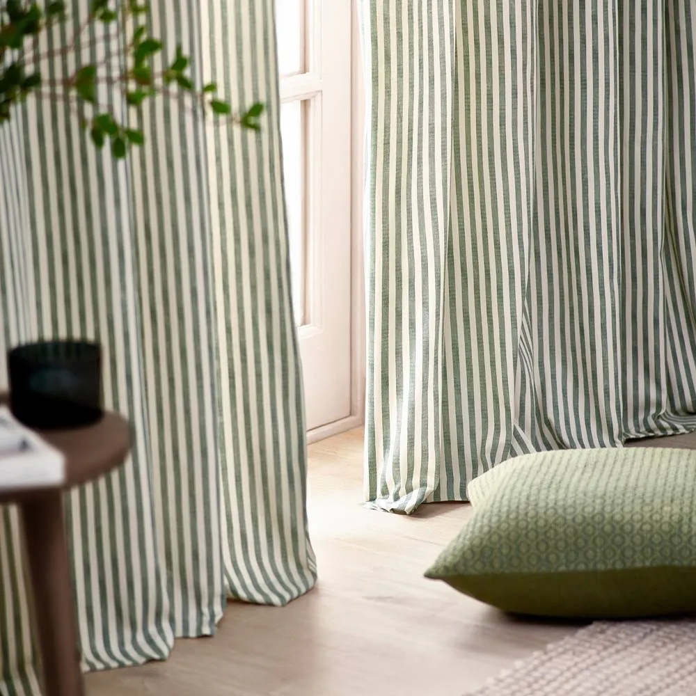 Yard Hebden Striped 100% Cotton Blackout Pencil Pleat Curtain Pair in Green 3