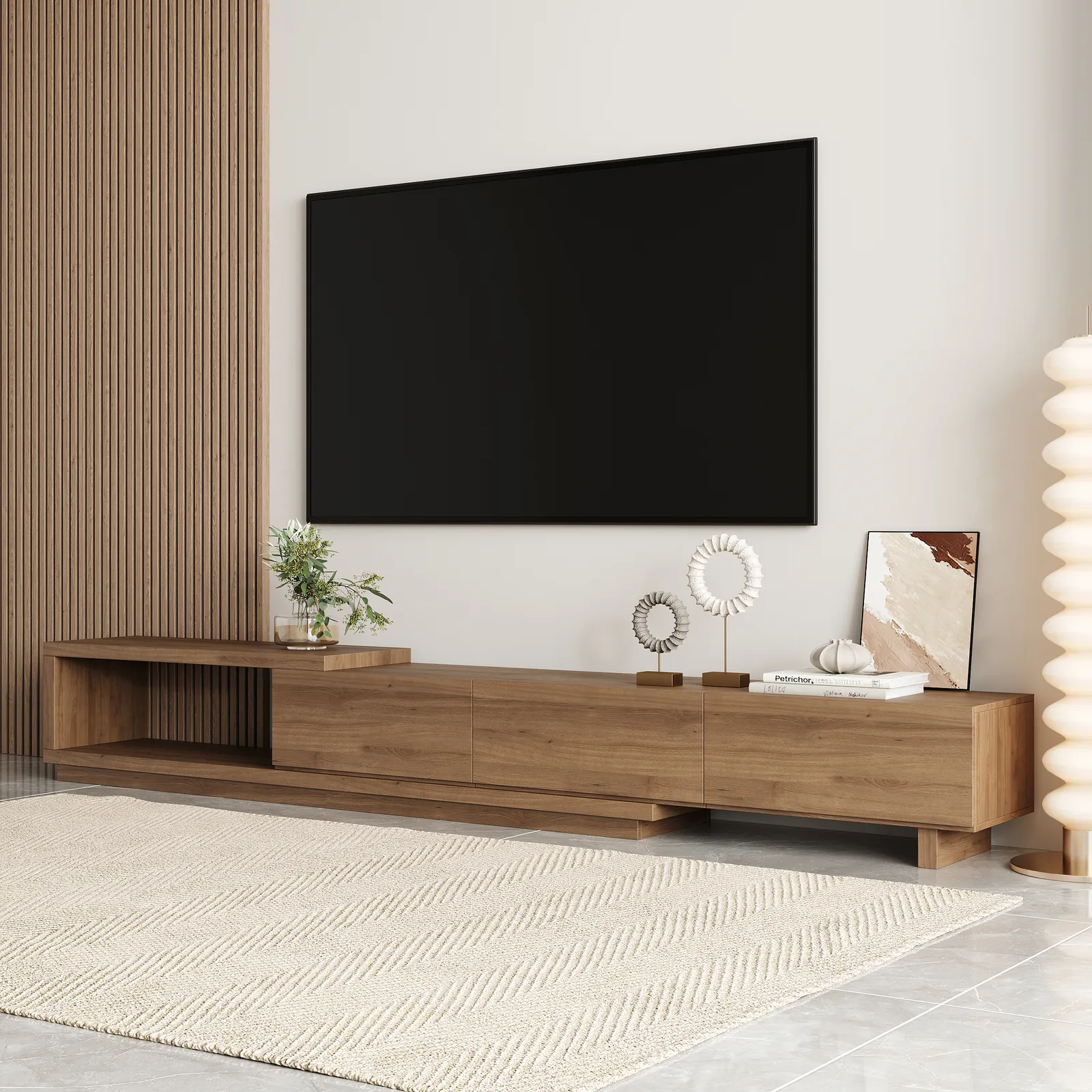 Quoint 255 cm Modern Walnut TV Stand Retracted & Extendable 3-Drawer Media Console