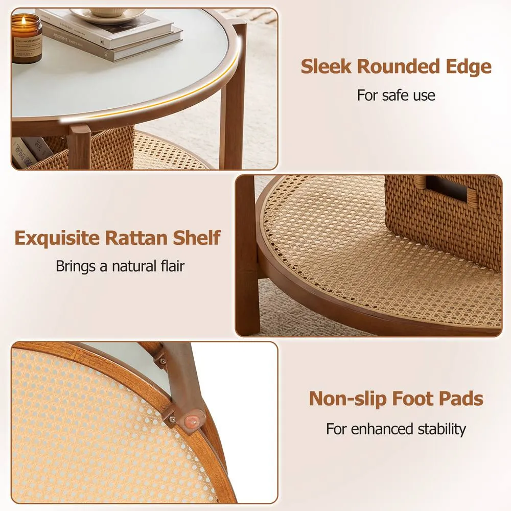 Costway Rattan Round Coffee Table 2-Tier Table w/ Frosted Glass Top in Brown 5