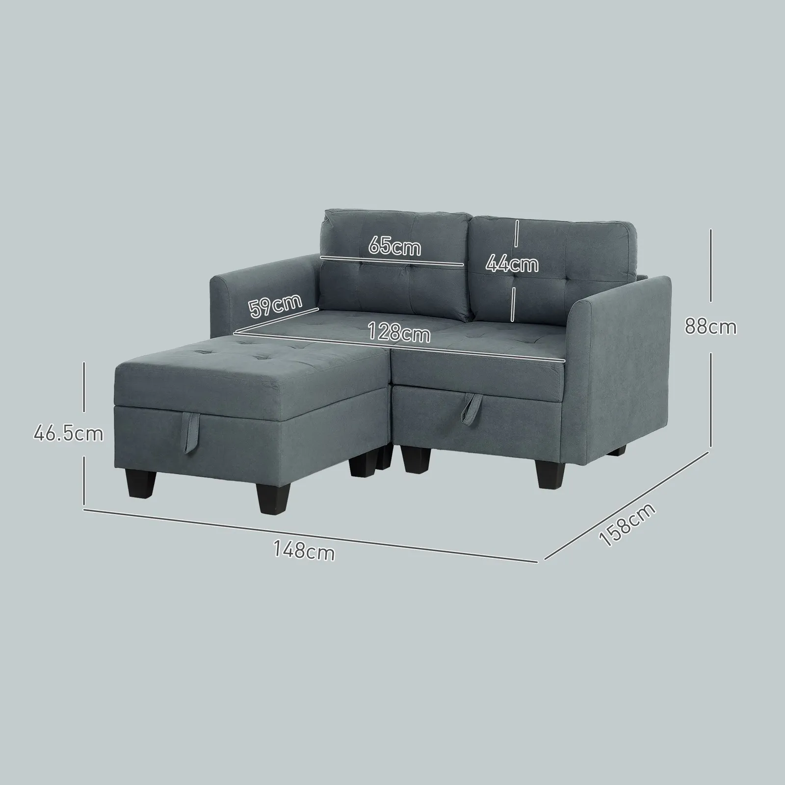 HOMCOM Modular Sectional Sofa with Storage, 2 Seater Sofa Set, Dark Grey 3