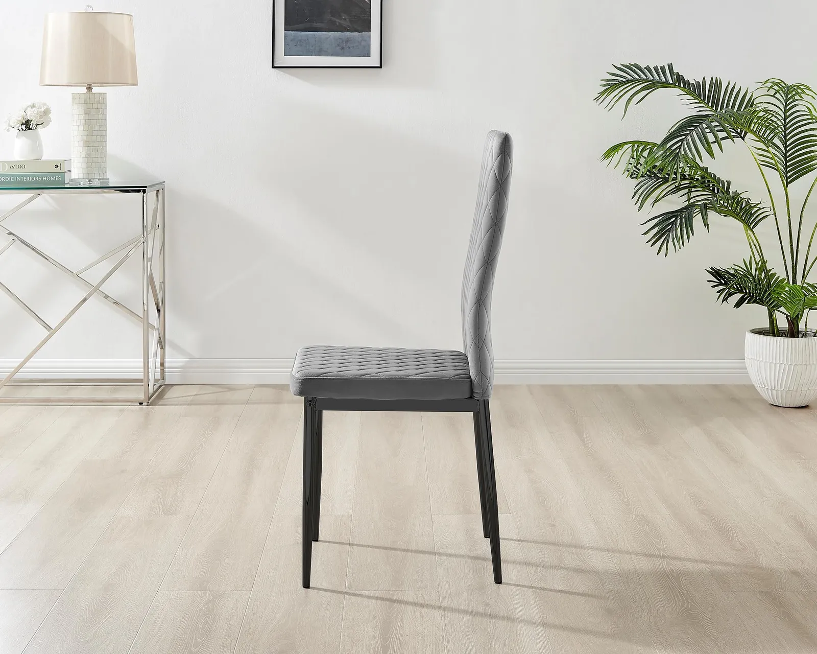 FurnitureboxUK Set of 4 Milan High Back Soft Touch Diamond Pattern Velvet Dining Chairs With Black Powder Coated Metal Legs in Grey 5