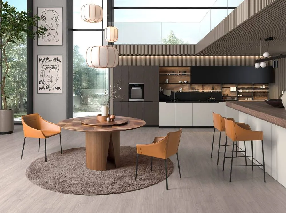 Angel Cerda Kitchen Stool, Brown Leatherette, Matte Black Legs in Tan 4