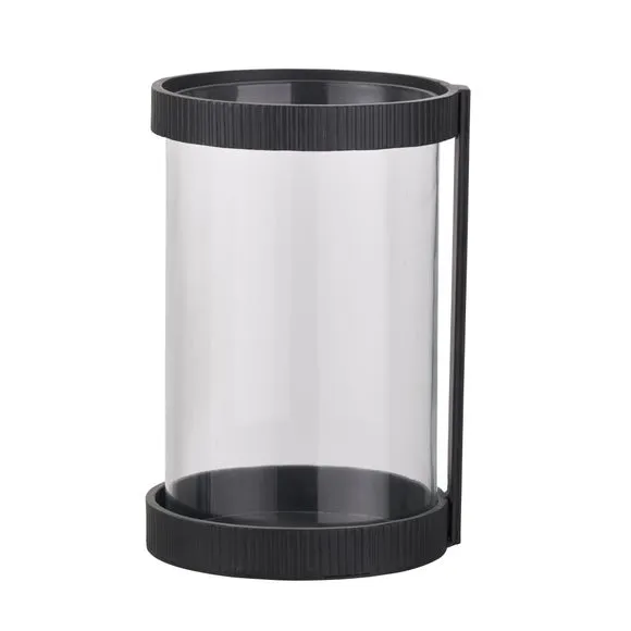Black Ribbed Metal Glass Cylinder Hurricane Candle Holder 4