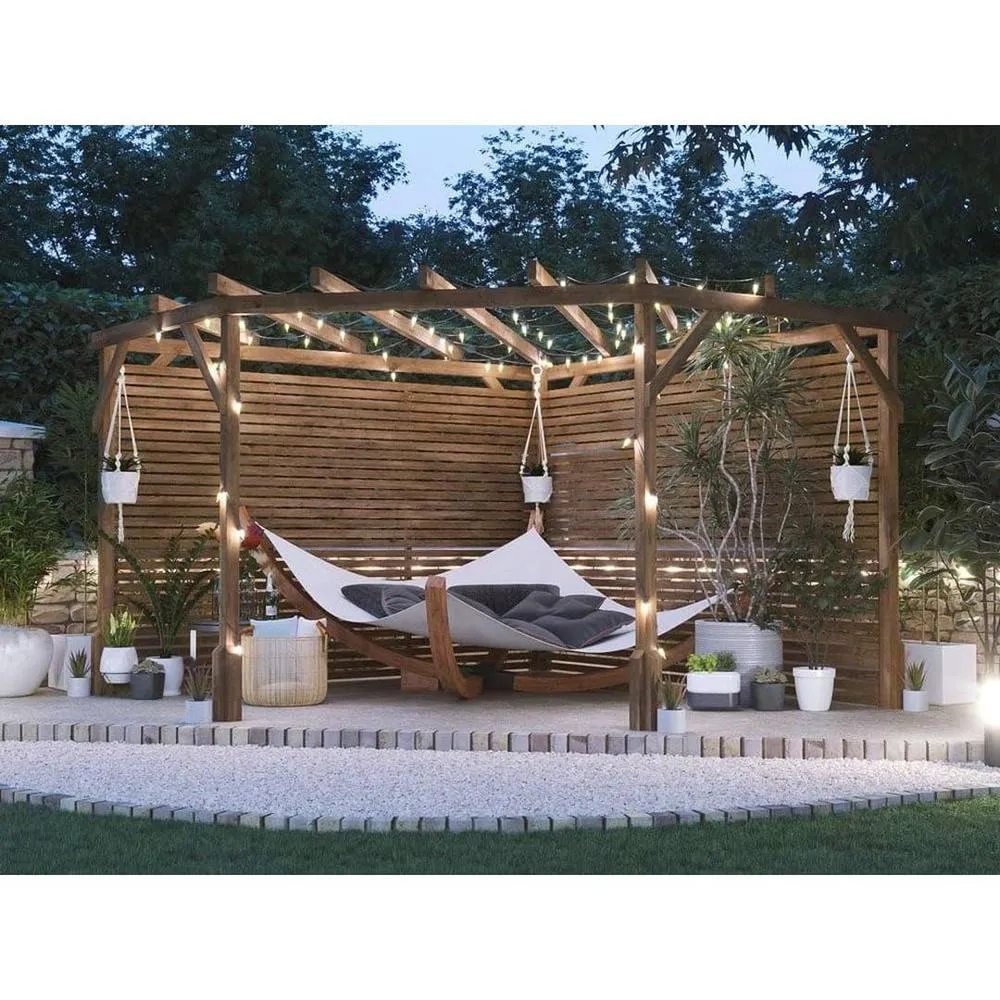 Dunster House Wooden Corner Pergola 3m x 3m with Slats & Trellis, Utopia Diamond in Brown 2