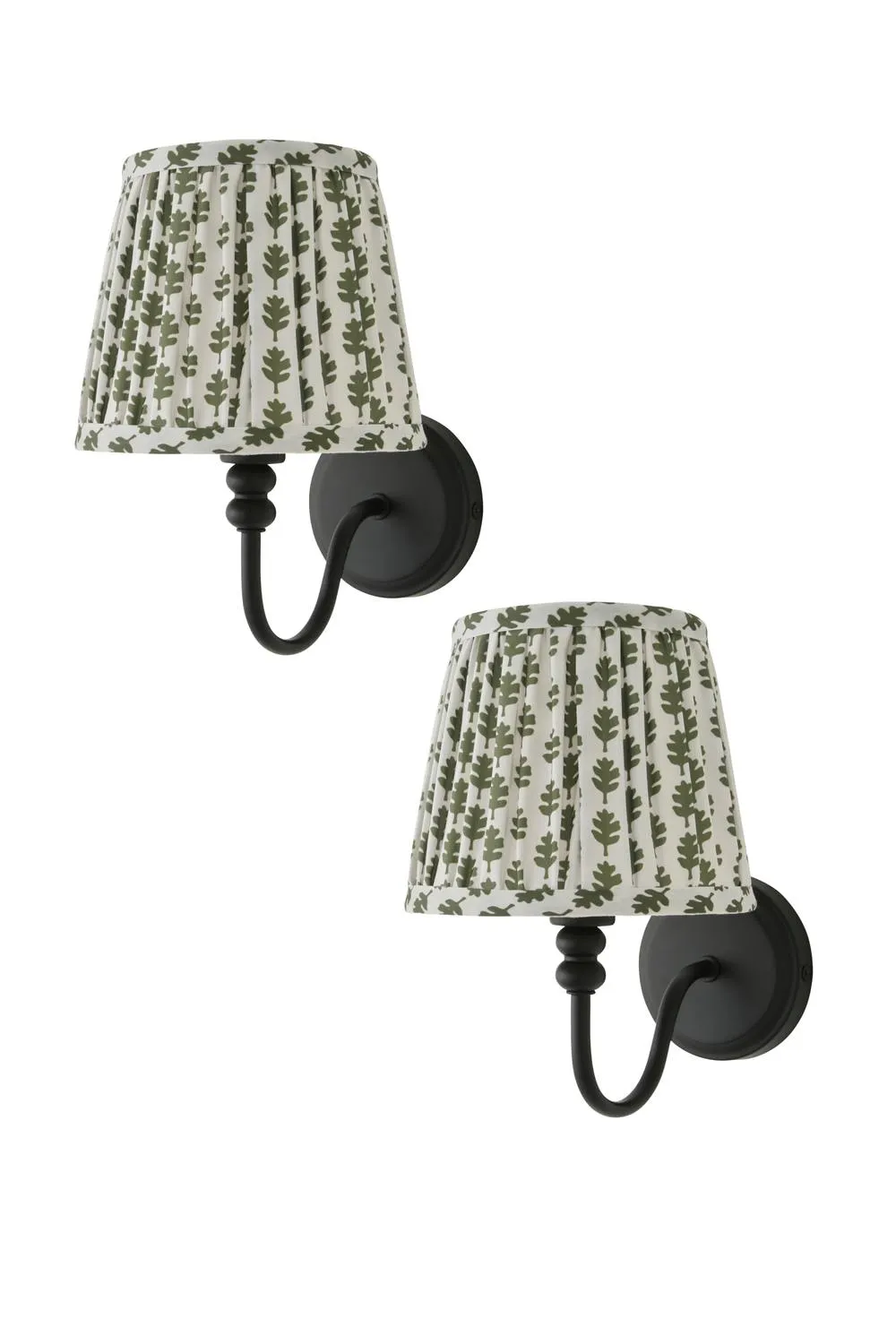 ValueLights Binky Pair of Rechargeable Black Wall Lights & Floral Pleated Shades in Pale Green 1