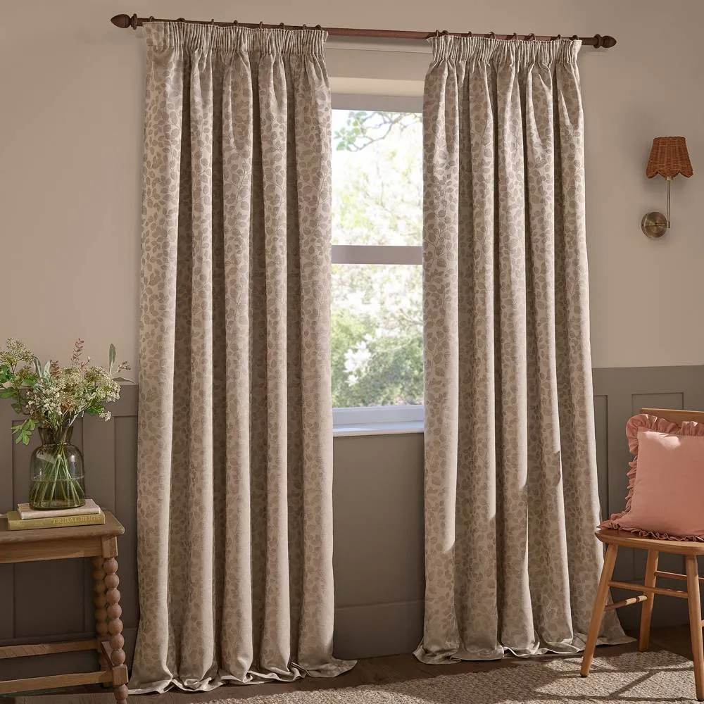 Wylder Grace Leaf Jacquard Fully Lined Pencil Pleat Curtain Pair in Nude 2