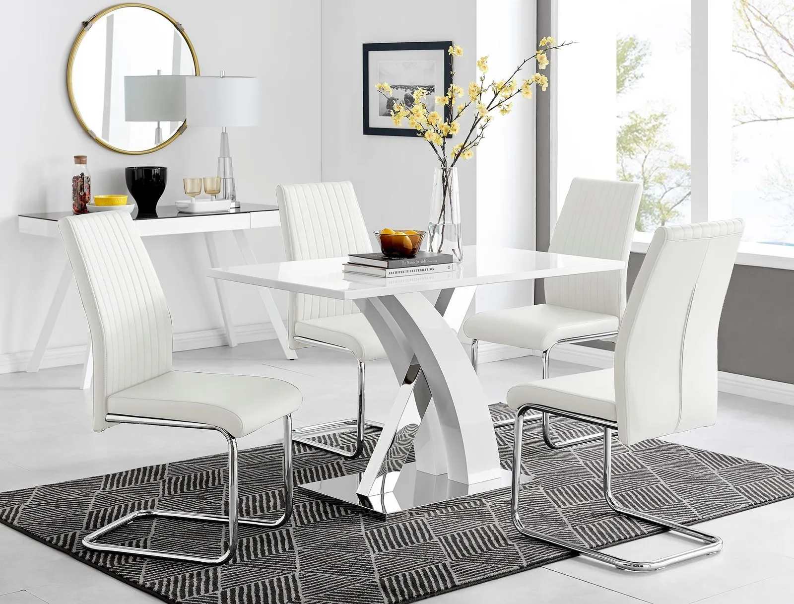 FurnitureboxUK Atlanta White High Gloss & Chrome 4 Seater Dining Table with X Shaped Legs & 4 Faux Leather Lorenzo Chairs 1