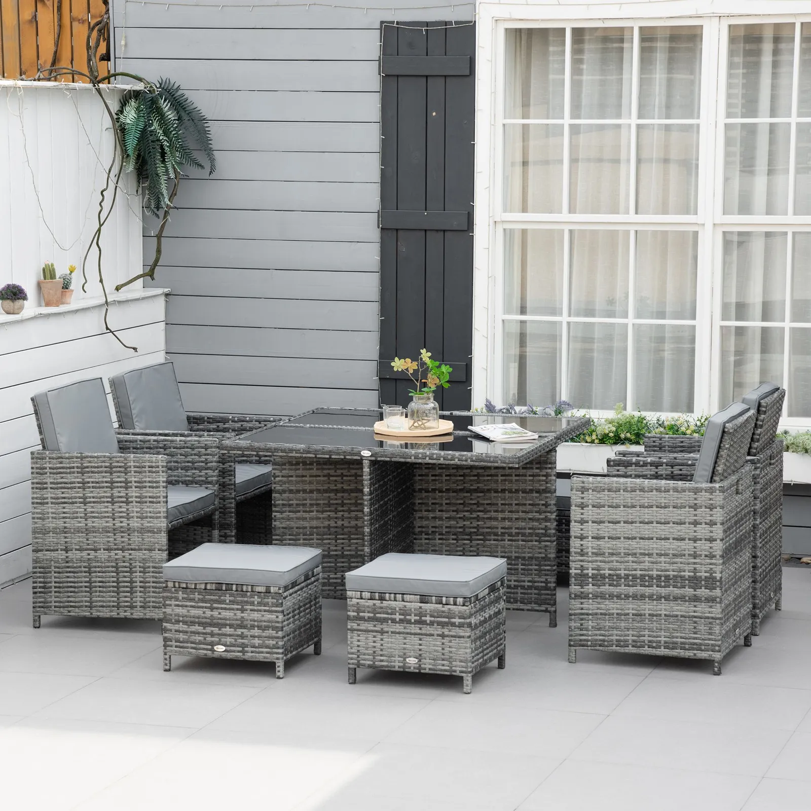 OUTSUNNY Rattan Dining Set Garden Furniture Cube Table Chair Stool Cushion Seat in Grey