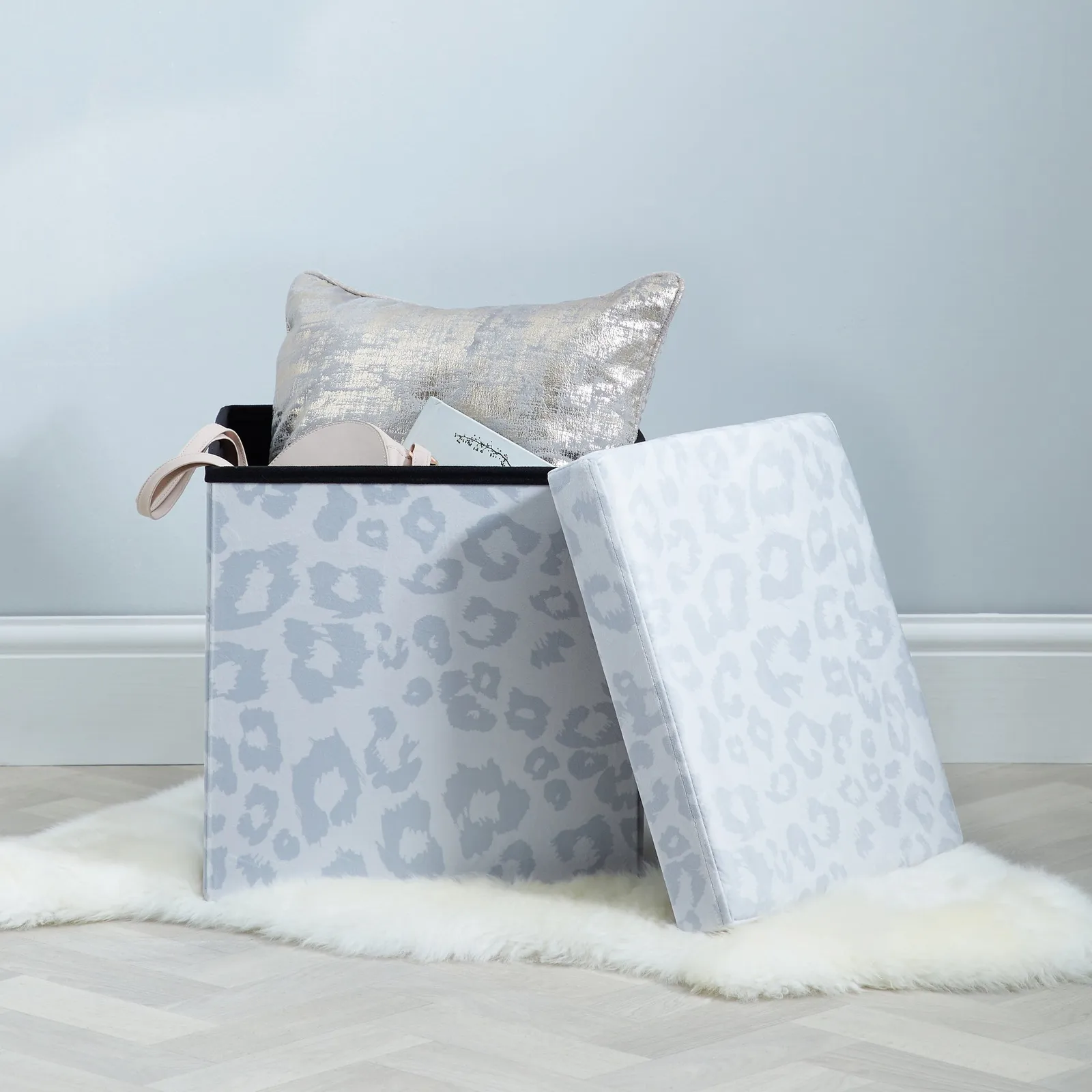 Snow Leopard Animal Print Foldable Cube Ottoman Natural