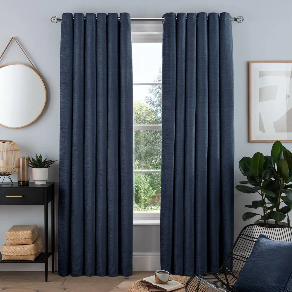 Smart Living Luxury Chenille Eyelet Lined Curtains - 2 Panels in Navy 1