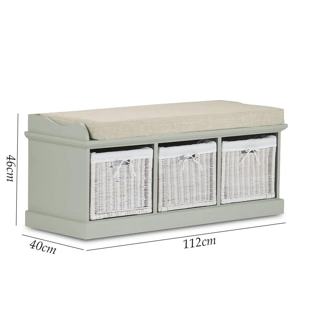 Statement Furniture Tetbury Bench with 3 White Wicker Baskets & Cream Cushion in Light Green 2