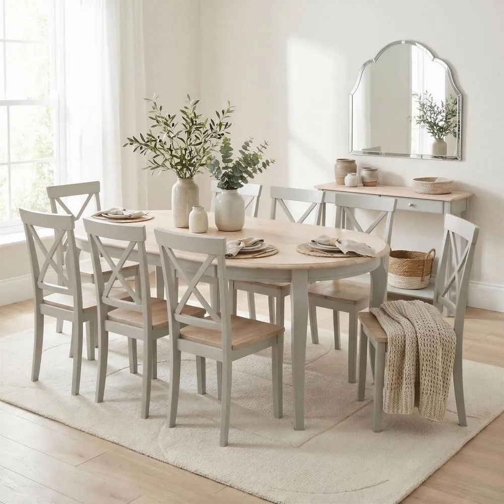 FurnitureboxUK Newport Whitewashed Oval Dining Table 6 Light Grey Millford Chairs