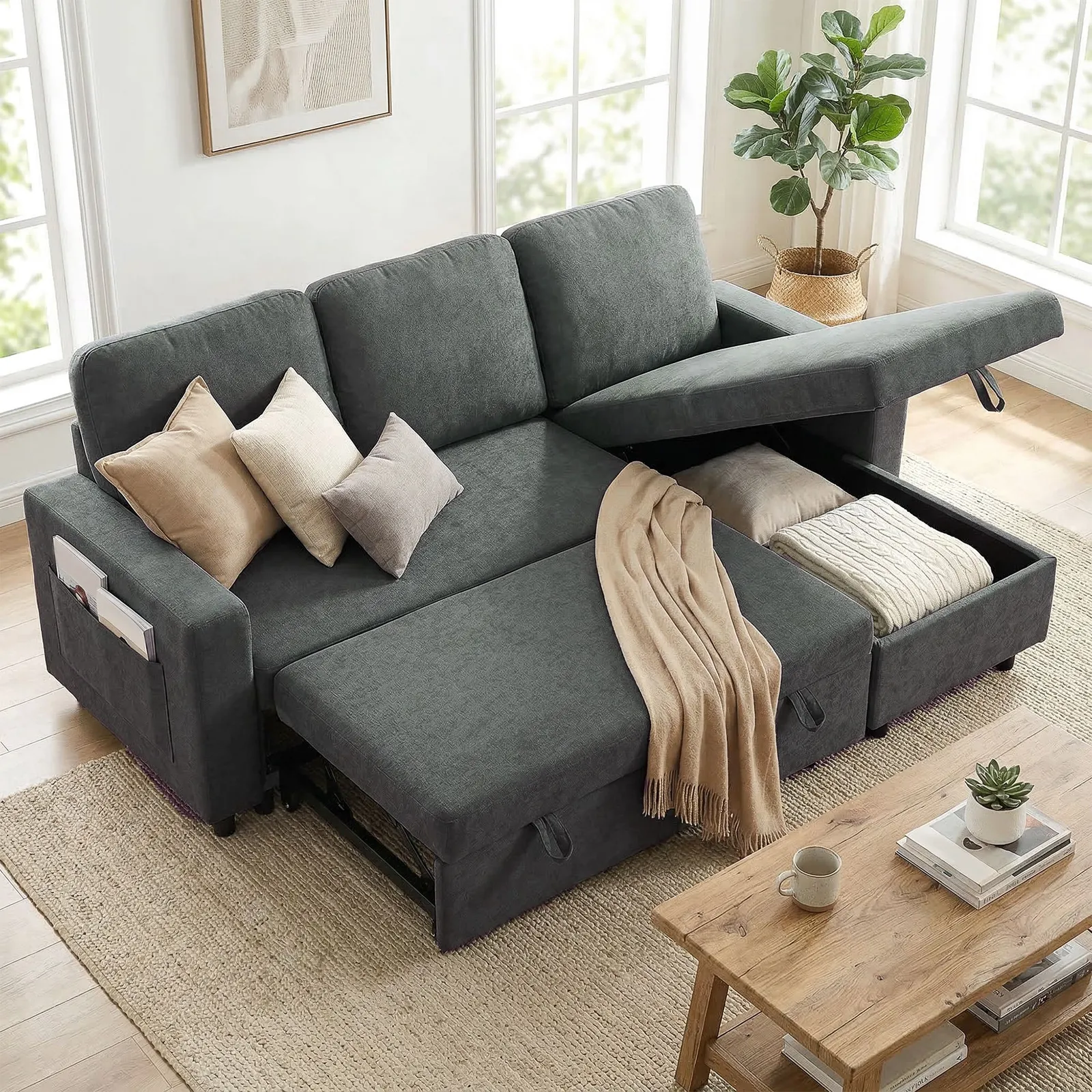 HOMCOM Pull Out Sofa Bed L Shape Corner Sofa w/ Reversible Chaise in Dark Grey 2