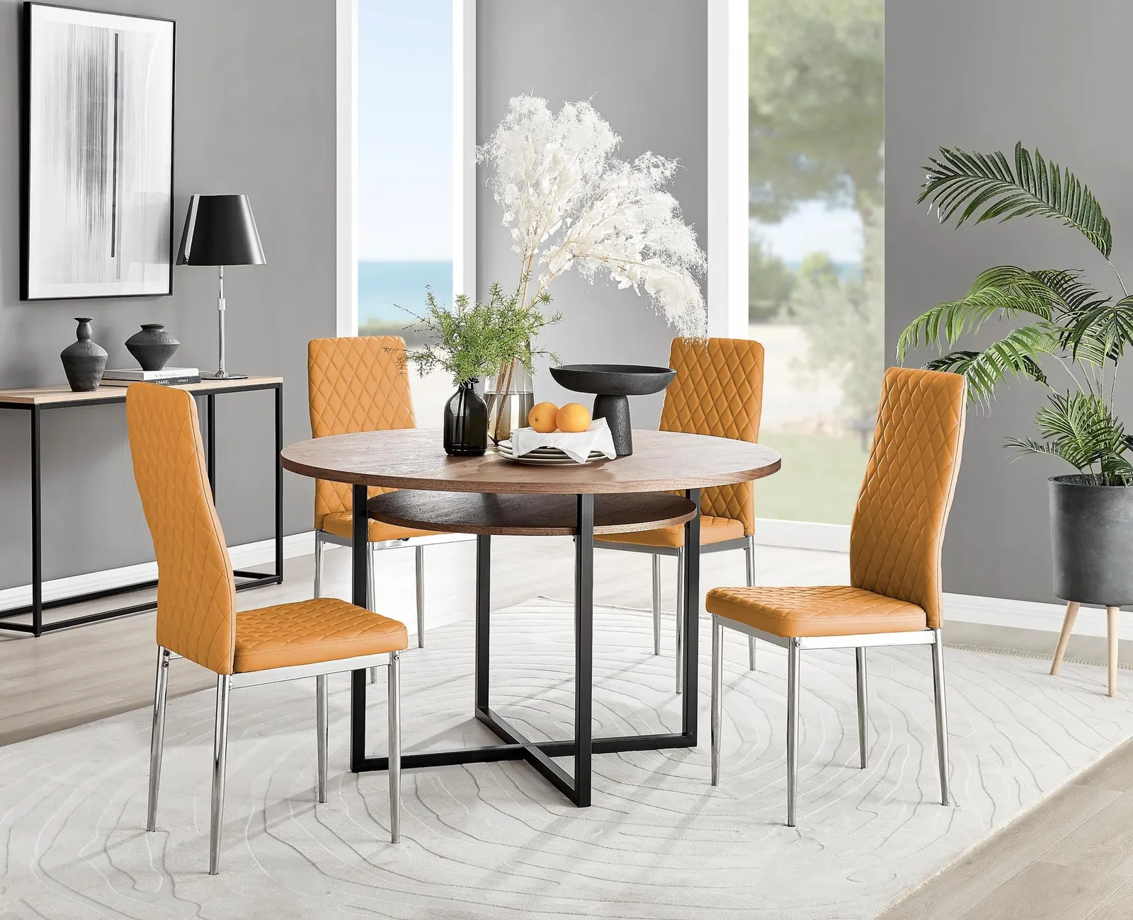 FurnitureboxUK Adley Brown Wood Storage Dining Table & 4 Milan Chrome Leg Chairs in Mustard 1