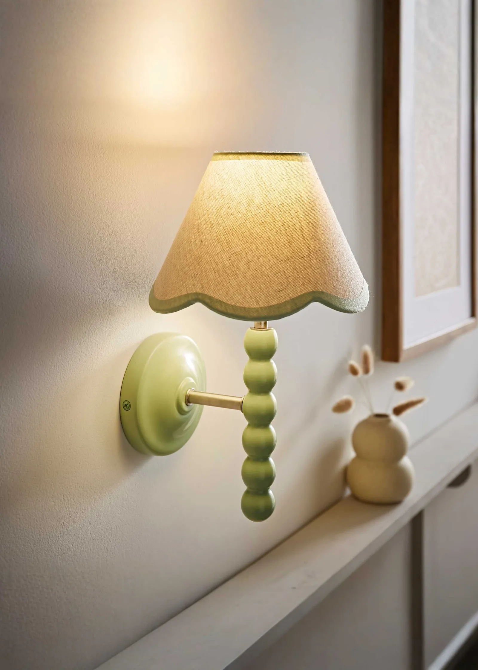 ValueLights Bobbins Sage Green Bobble Wall Light & Linen Pastel Trim Lamp Shade in Pale Green 1