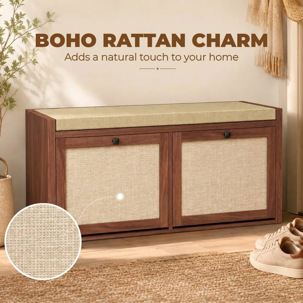 HOMCOM Rattan Shoe Bench with Padded Cushion & 2 Cabinets, Brown 4