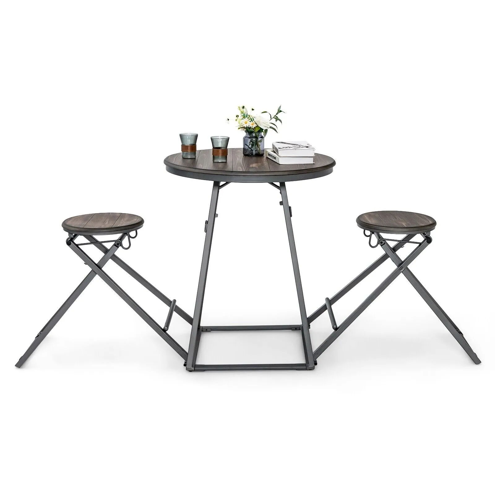 Costway 3-Piece Round Table & Stool Set Dining Bar Table w/ 2 Foldable Stools in Grey