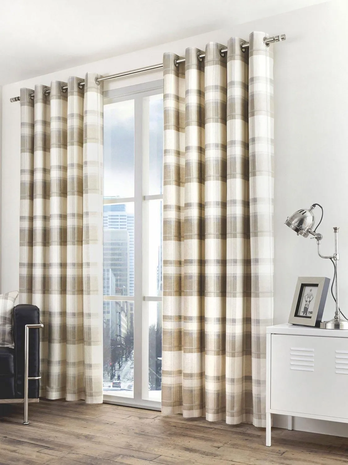 Fusion 'Balmoral Check' Country Checked Pattern Pair of Eyelet Curtains in Natural 3