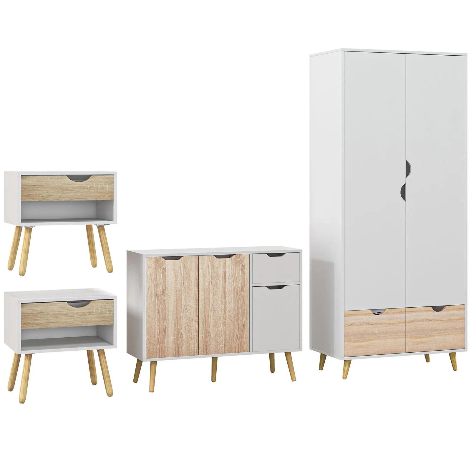 HOMCOM Wardrobe w/ Hanging Rod 1 Side Cabinet 2 Bedside Tables w/ Storage in Natural 2