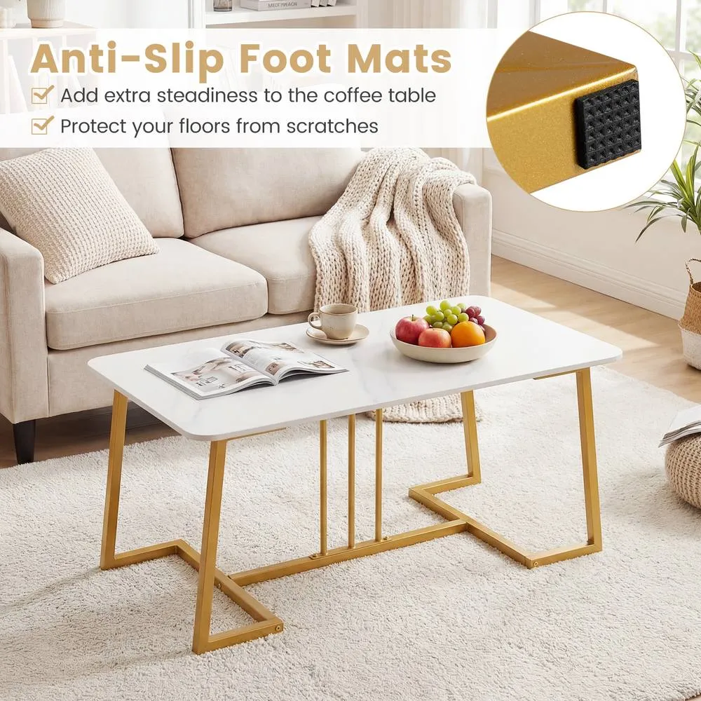Costway Coffee Table 90 cm Faux Marble Rectangular Center Table White & Gold 6