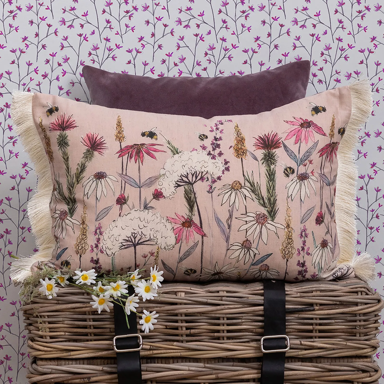 Voyage Maison Hermione Floral Fringed Cushion in Raspberry