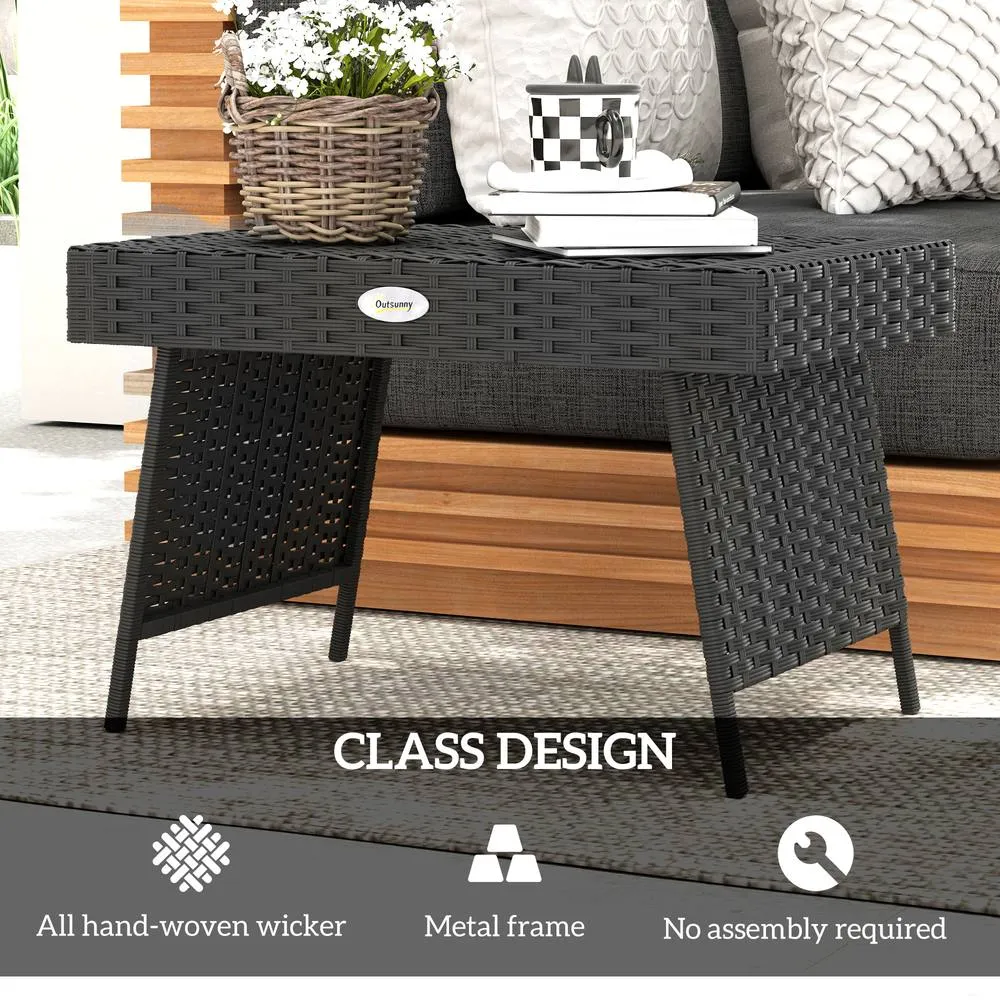 OUTSUNNY Foldable Outdoor Coffee Table, Steel Frame Rattan Side Table, Black 5