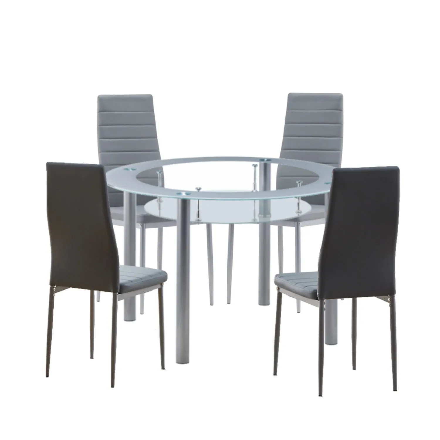 Comfy Living Ltd 5 Piece Glass 120cm Round Dining Set With Faux Leather Chairs in Grey 2