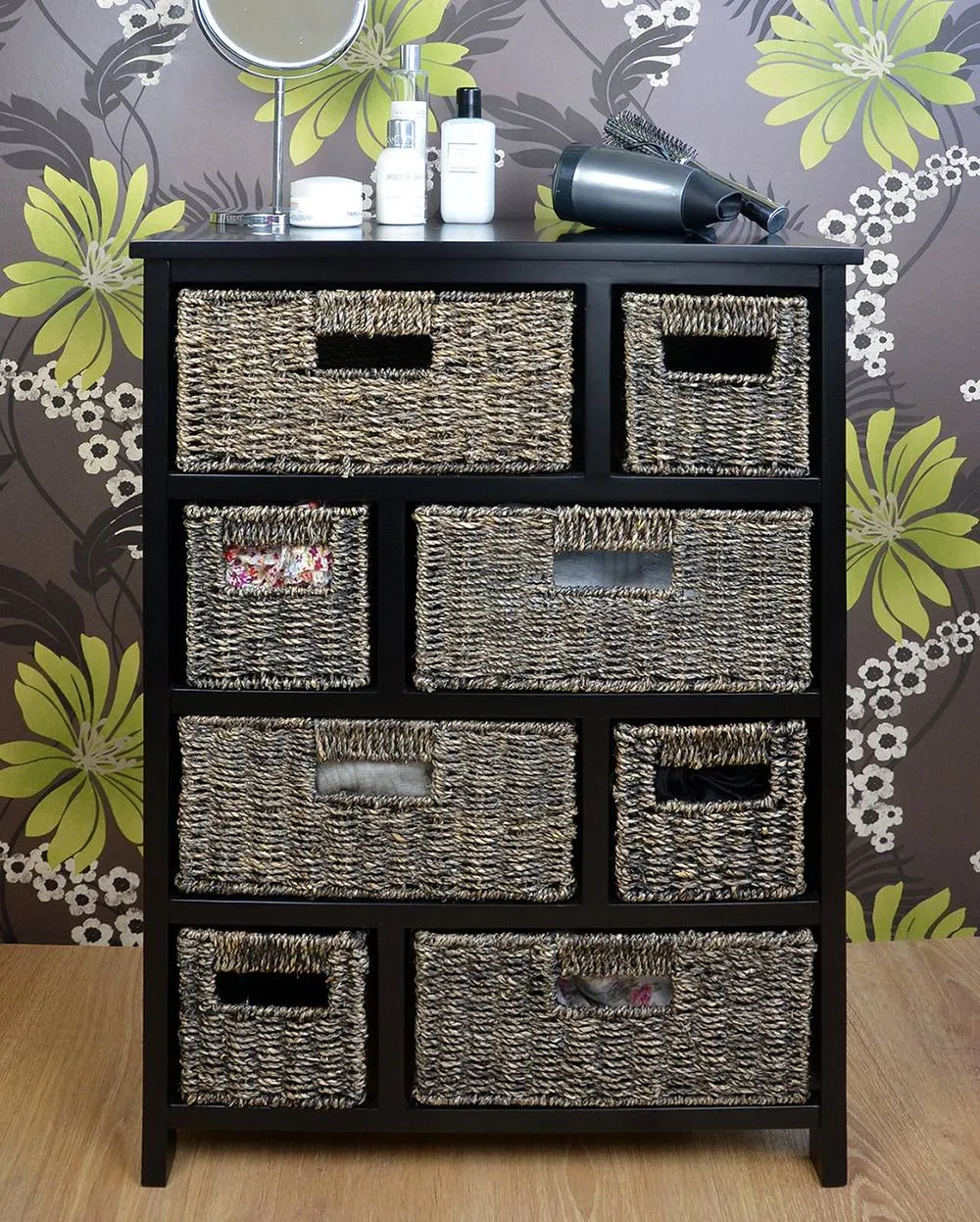 Statement Furniture Tetbury 8 Drawer Storage Unit- Black with Blackwash Seagrass Baskets 6