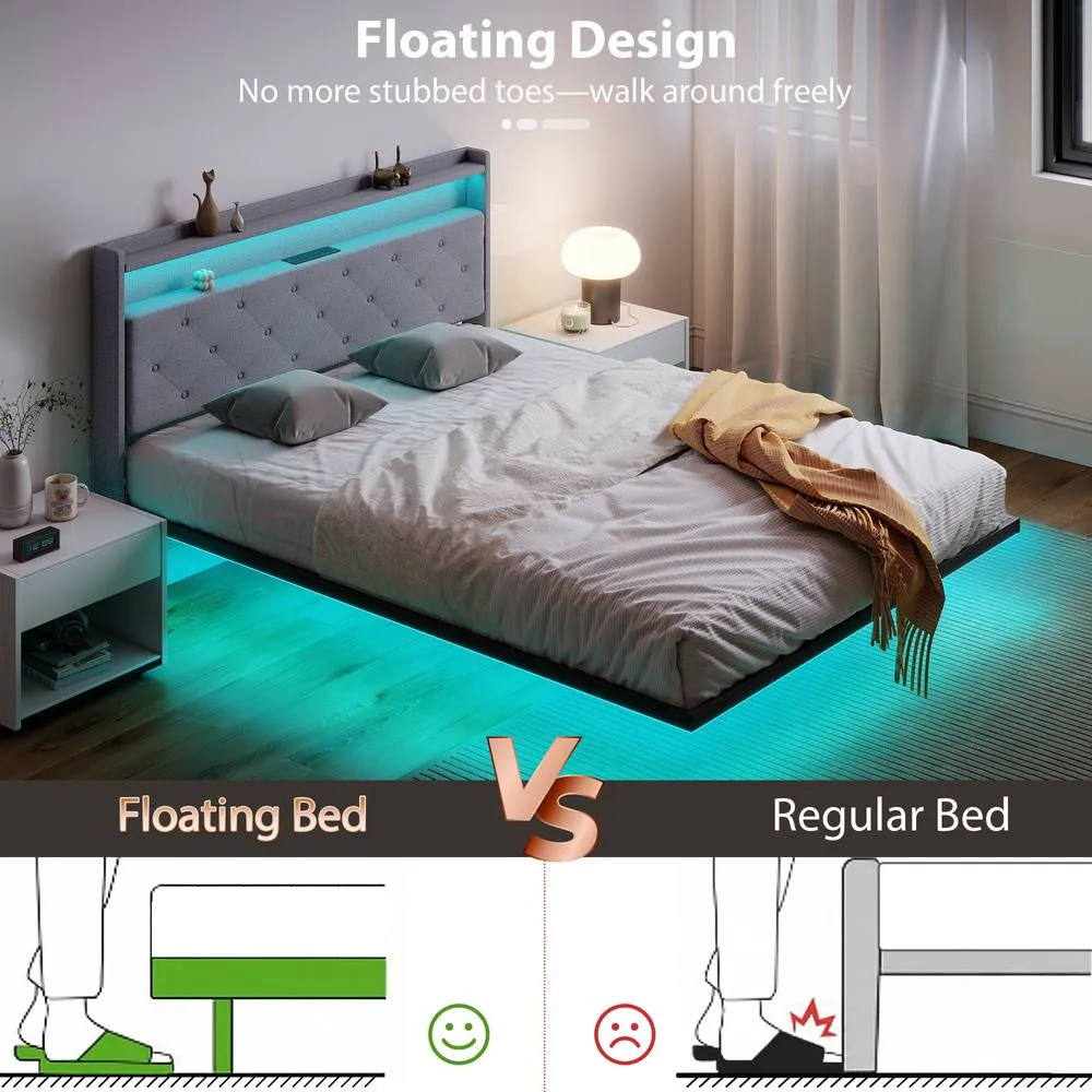 HOMCOM Floating Bed Frame with RGB Lights, Upholstered Bed Frame, Grey 4