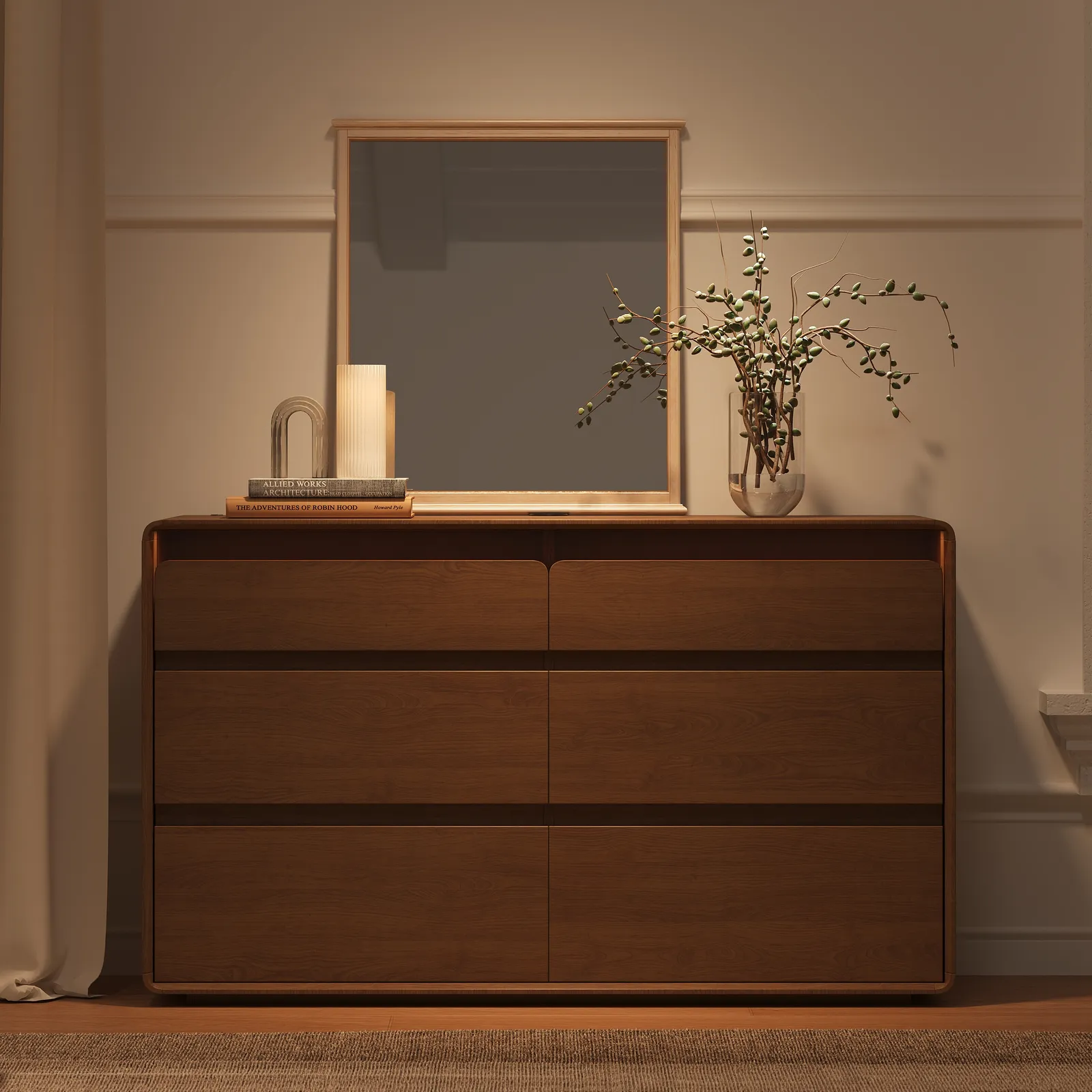 Meloa 47" Wooden Walnut 6-Drawer Chest of Drawers with Light and Charging Station