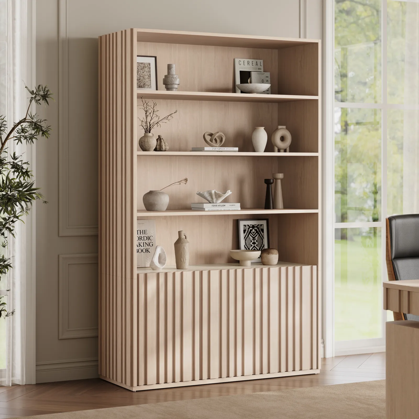 Aura 120cm Ash Wood Fluted Bookcase With Sintered Stone Top