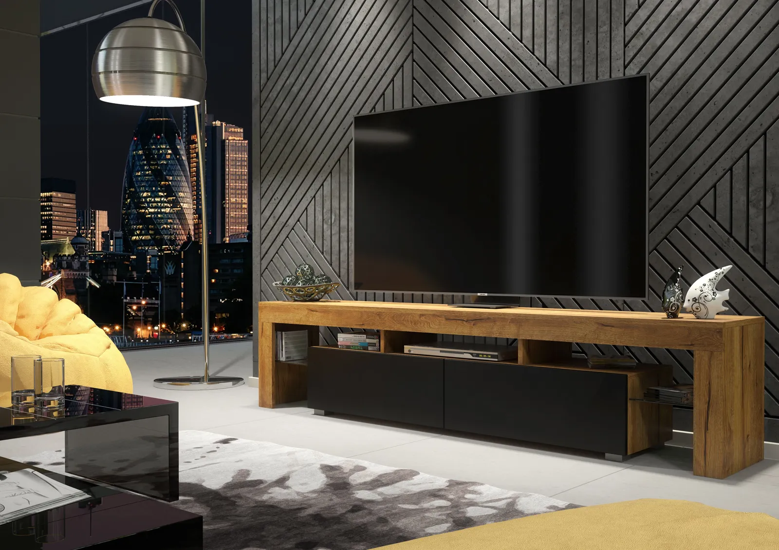 Creative Furniture TV Unit 200cm Modern - Oak with Matt Black Doors in Brown 2