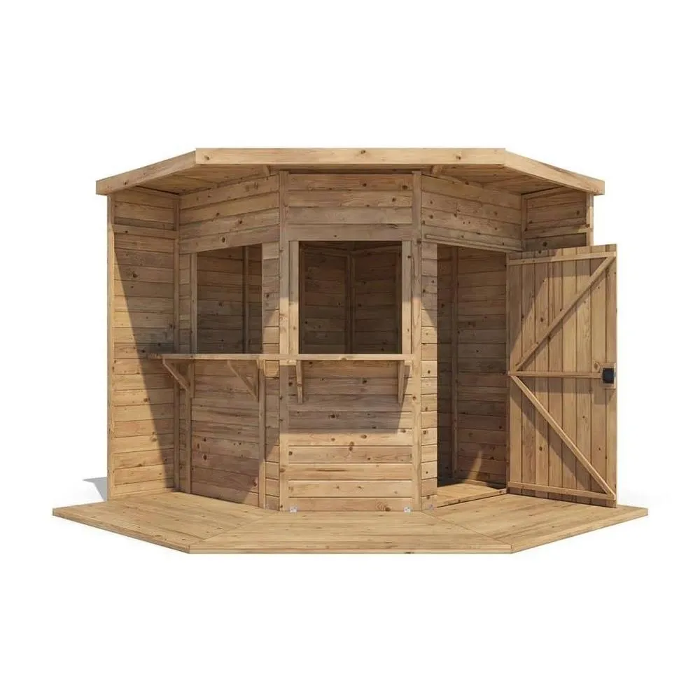 Dunster House Corner Garden Bar 2.4m x 2.4m Pressure Treated Hangover Fully Loaded in Brown