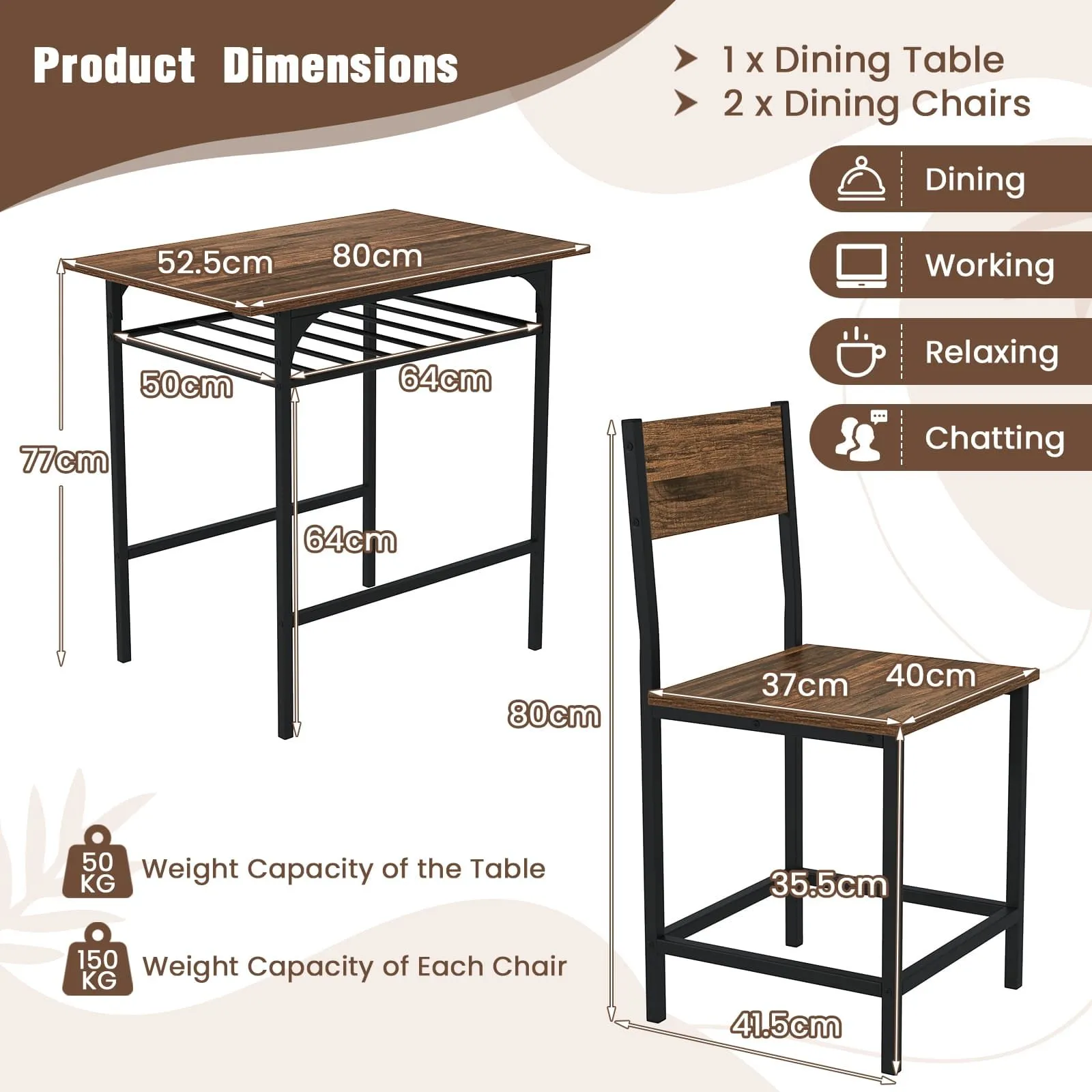 Costway Dining Table Set for 2 3-Piece Wood Rectangular Table & Chair Set w/ Metal Frame in Brown 2