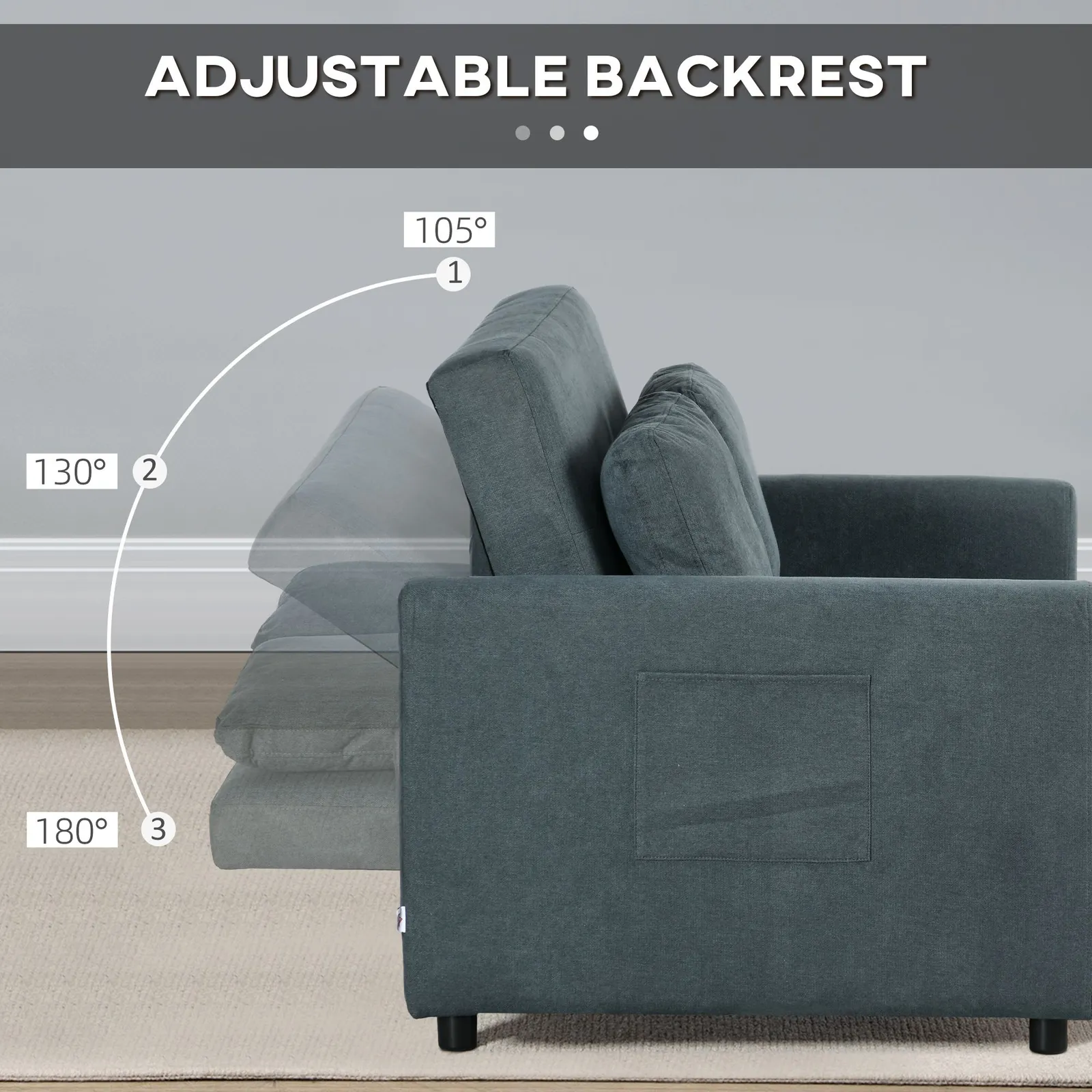 HOMCOM 2 Seater Sofa Bed Convertible Bed Settee with Cushions, Pockets in Grey 5