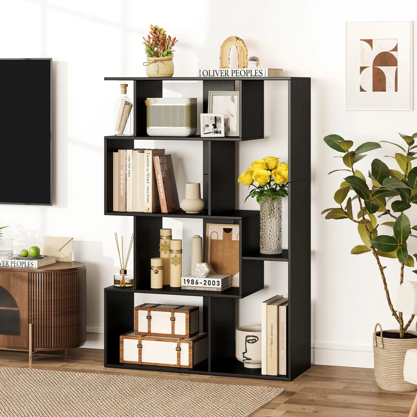 Costway Open-back Geometric Bookshelf Home 6-Cube Large Bookcase-Black in Black 5