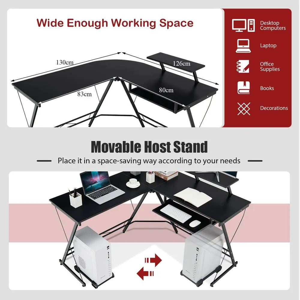 Costway L-Shaped Computer Desk Office Corner Workstation w/ Host Stand in Black 6